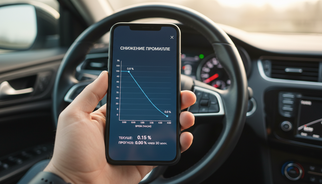экран смартфона с графиком снижения промилле, фоновый вид салона автомобиля