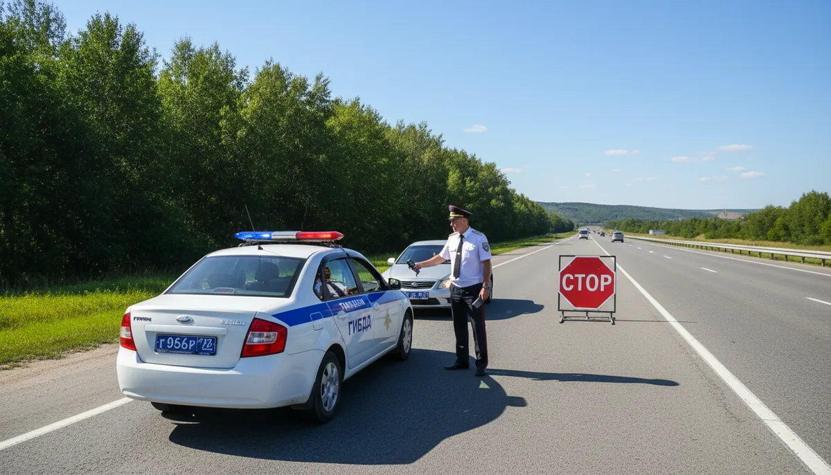 Дорожный пост ГИБДД с автомобилем и инспектором в летний день