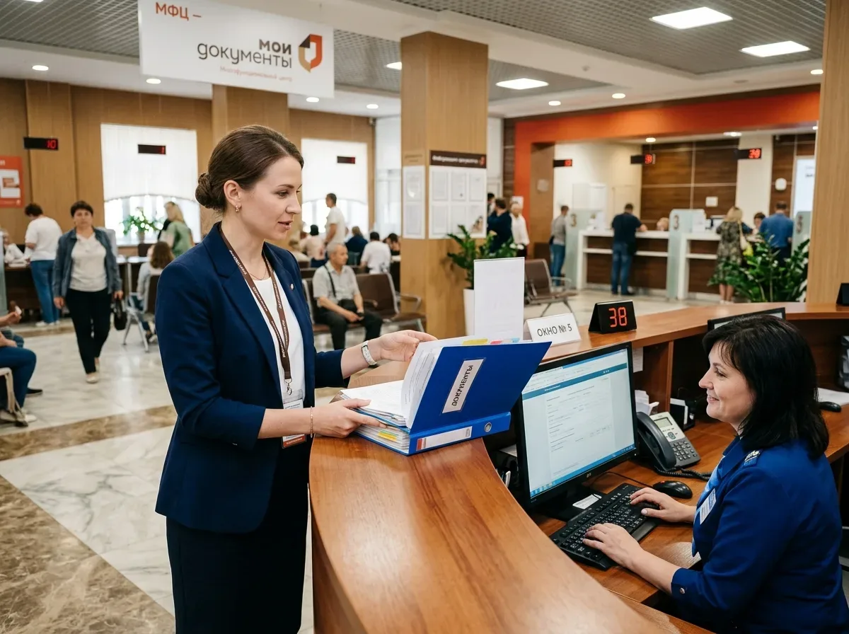 специалист с папкой документов у стойки административного учреждения, официальный интерьер